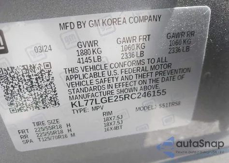 2024 Chevrolet Trax Fwd 1Rs z USA, uszkodzony, nr VIN KL77LGE25RC246155